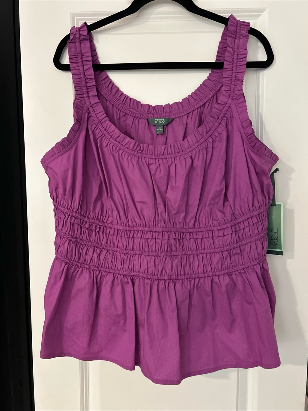 Terra & Sky Women's Plus Sleeveless Smocked Peplum Tank Top, 1x Purple- NWT